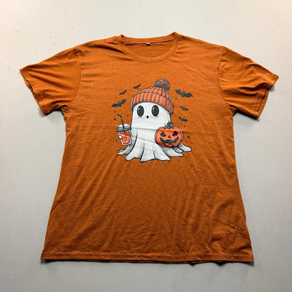 Unbranded Graphic Tee Women Large Orange Excellent Ghost Pumpkin Halloween Shirt